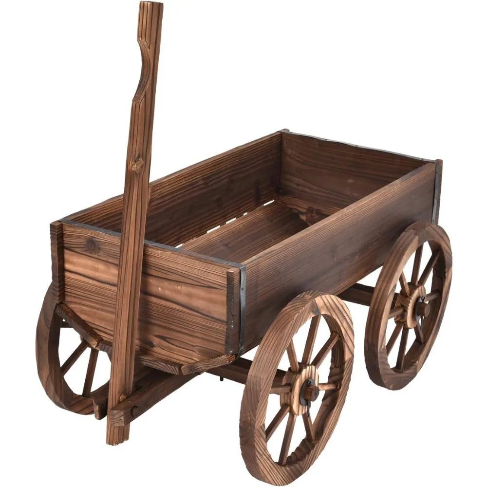 Wood Wagon Flower Planter Pot Stand W/Wheels Home Garden Outdoor Decor