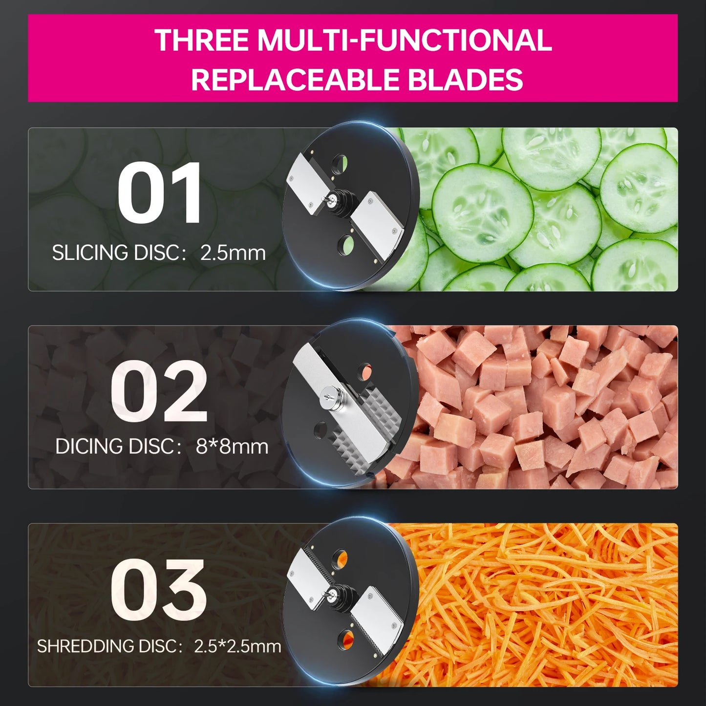 Lecon Chef 3 in 1 Electric Food Processor Vegetable Dicer Chopper Potato Cutter Onion Slicer with 3 Stainless Steel Blades