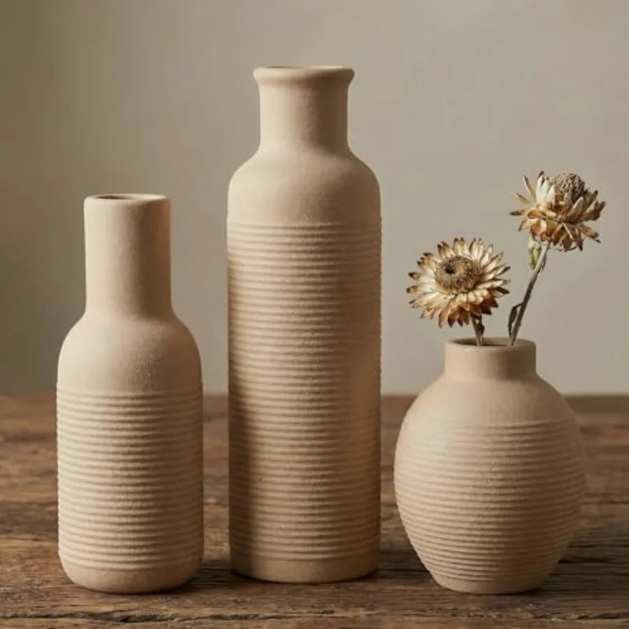 Rustic Farmhouse Ceramic Vase Set Of 3 For Centerpieces Home Decor