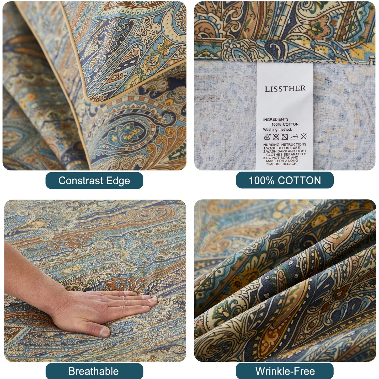 3Pc 600TC 100 Percent Egyptian Cotton Duvet Cover Set Bohemian Paisley Royal