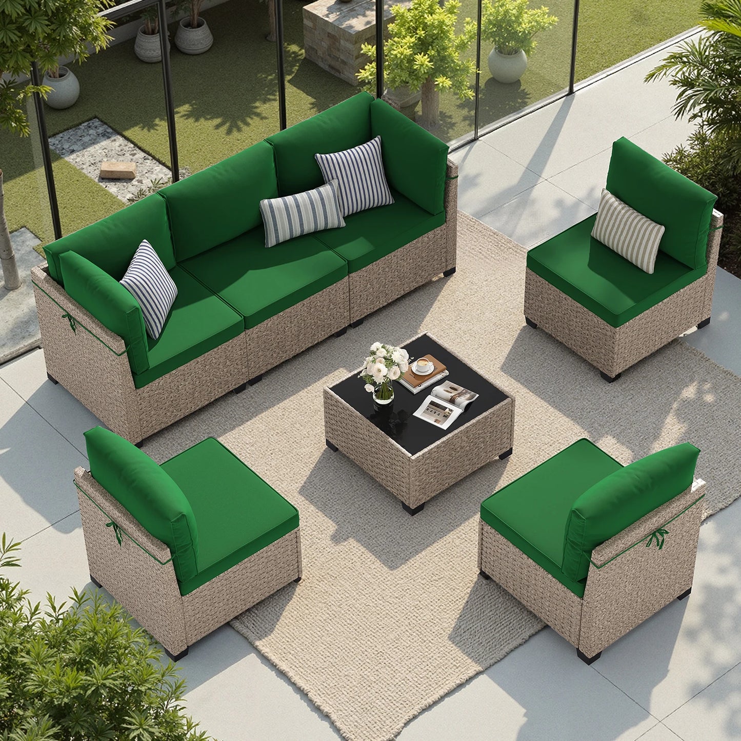 7 Piece All Weather Outdoor Rattan Patio Sofa Set With Tempered Glass Table