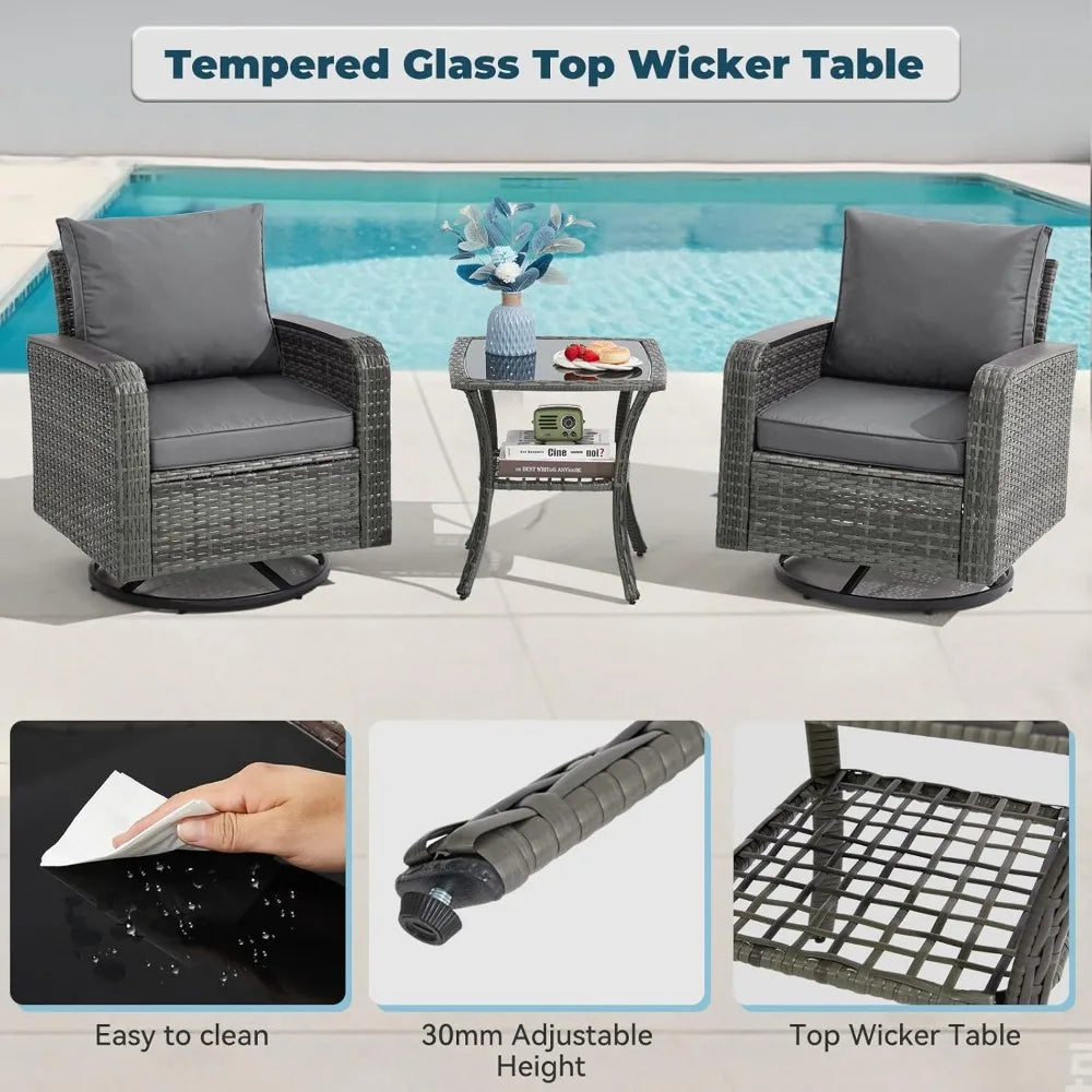 3 Piece Outdoor Wicker Patio Set With Swivel Chairs And Side Table Grey