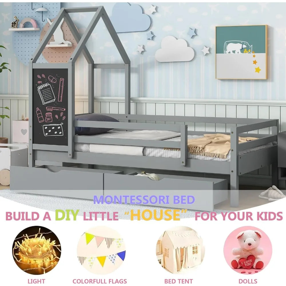 Twin Size Kids House Bed with Storage Drawers, Wooden Twin Bed Frame for Kids with Blackboard for Bedroom, Modern Montessori Twi