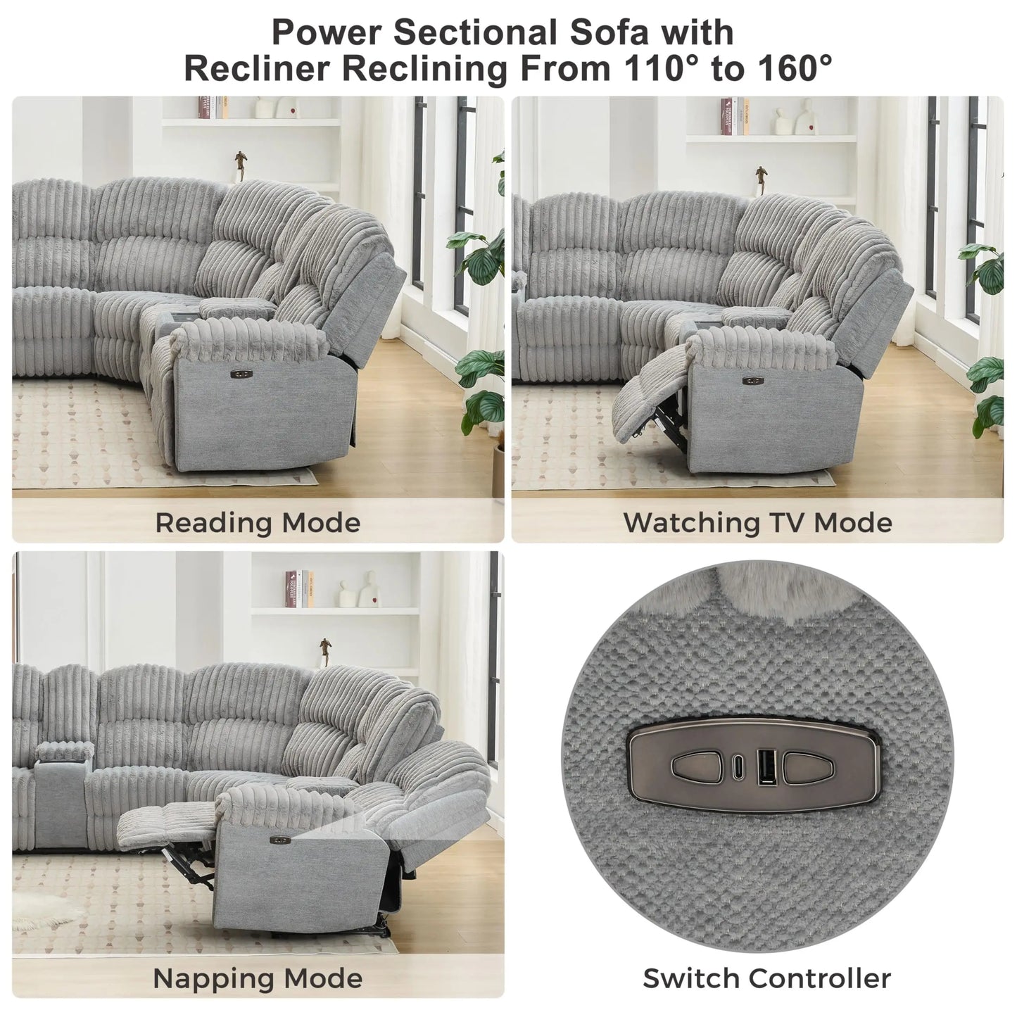 Power Reclining L Shaped Fuzzy Rabbit Plush Sofa USB C Port