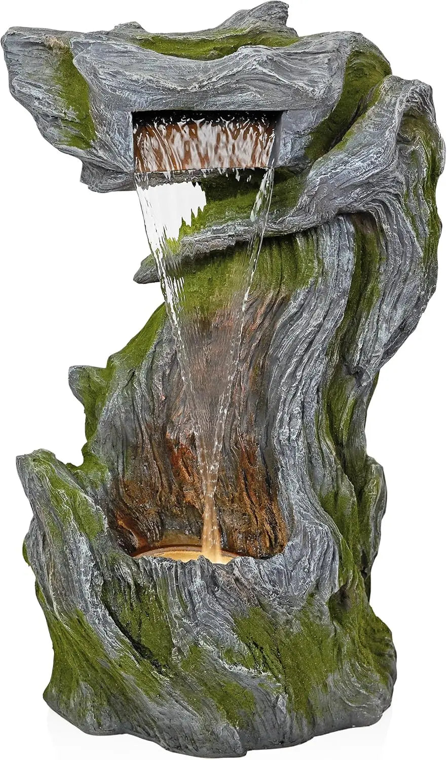 4-inch 2-story Tree Trunk Fountain with LED Lights, Used for Gardens, Courtyards, Rural Waterfalls, and Water Feature Fountains