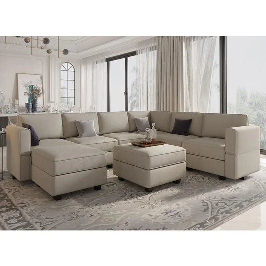 Modular Sectional Sofa with Storage Seat Oversized U Shaped Couch with Reversible Chaise Sofa Set with Ottoman Velvet Grey
