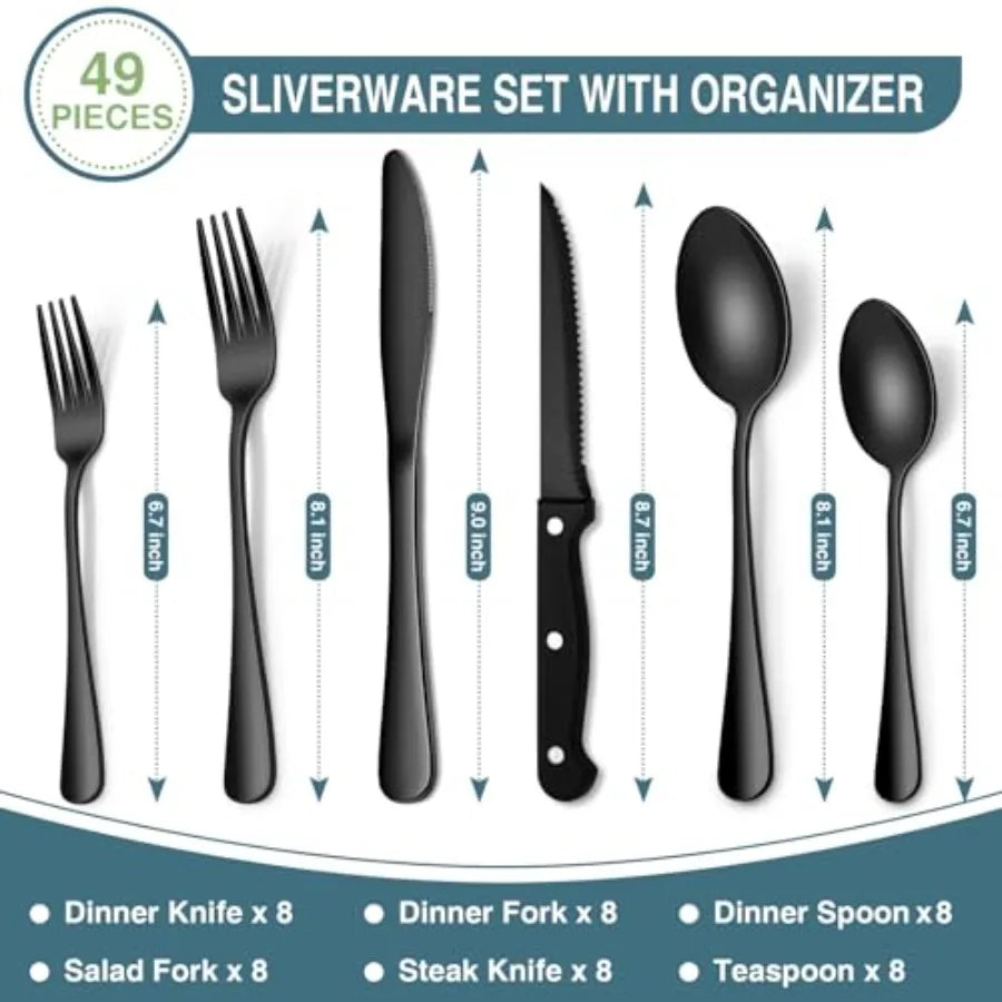 Black 49 Piece Stainless Steel Flatware Set With Drawer Organizer For 8