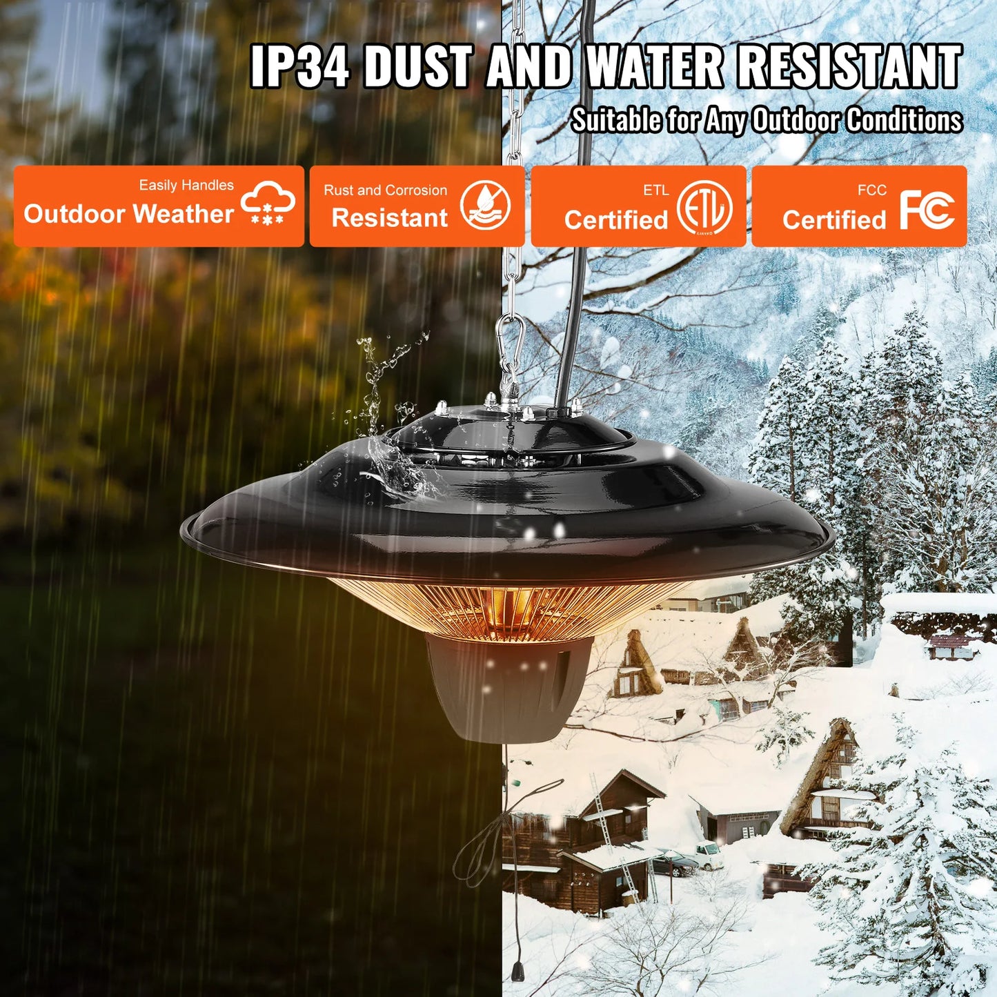 SucceBuy Hanging Patio Heater 1500W With Pull Cord Outdoor