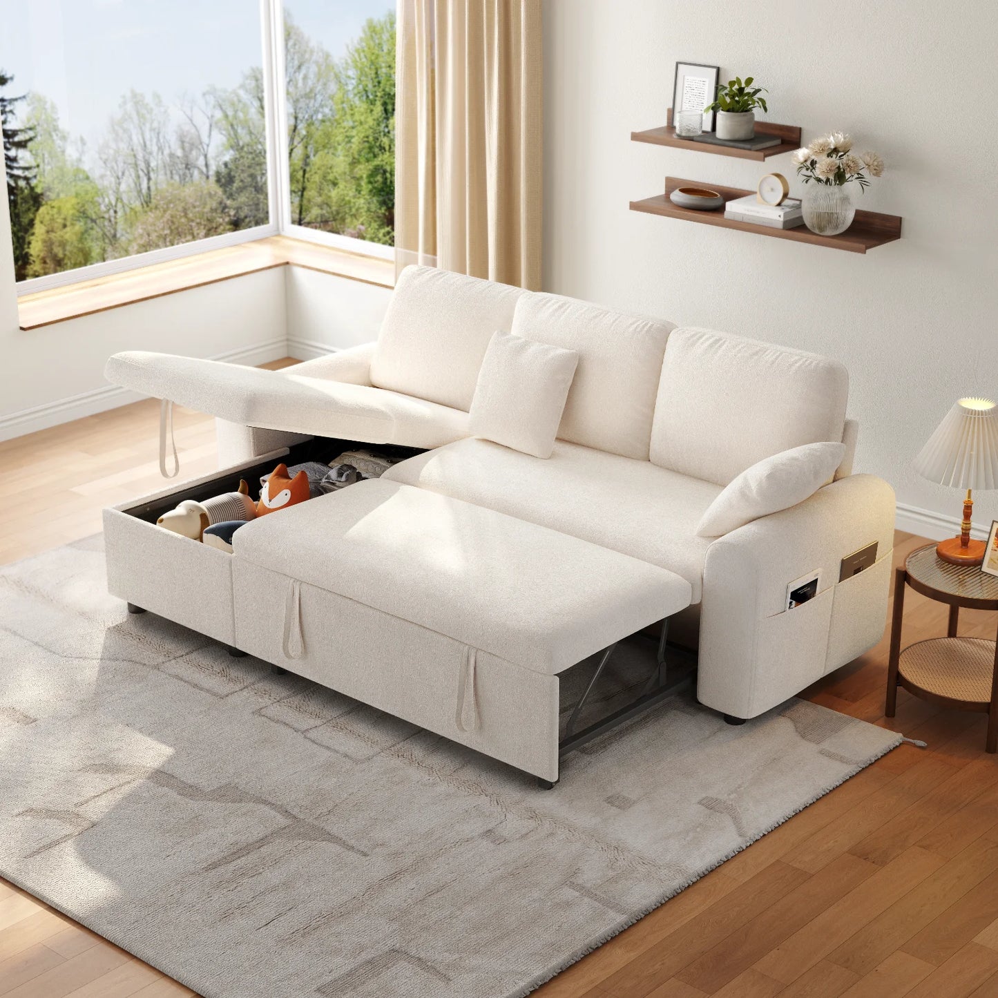 L Shaped Sleeper Sofa 85In Pull Out Couch Bed Storage Chaise