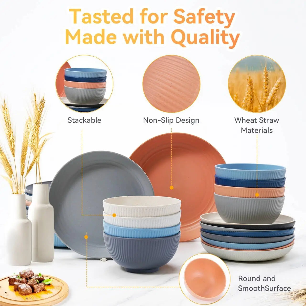64-Piece Black Wheat Straw Dinnerware Set For 8 Plates Bowls Dishwasher Safe