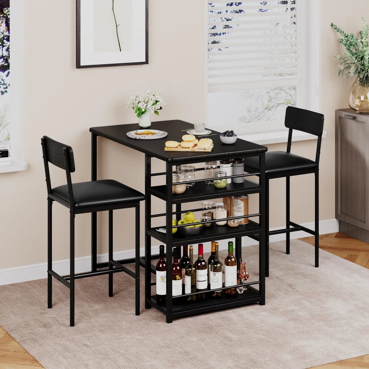 2-Person Dining Table Set,Bar Table with 2 Upholstered Chairs &3 Storage Shelves Small Space Kitchen Table for Apartment,Pub Sty