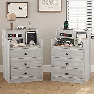 Adorneve Night Stands Set of 2 with Charging Station Hutch