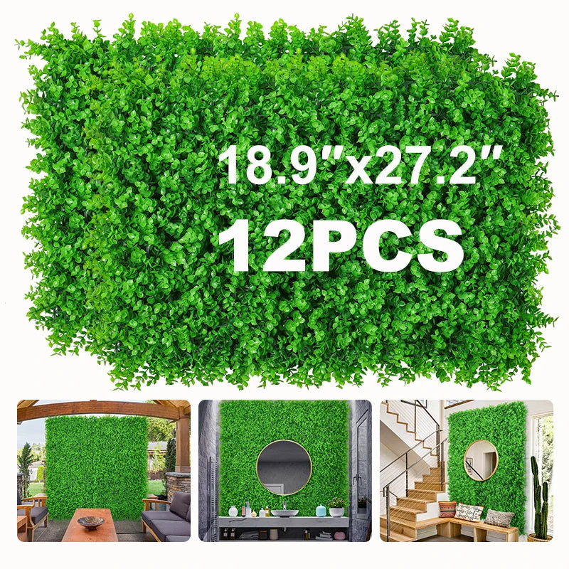 12pcs Artificial Boxwood Panel 24"x16"Eucalyptus Grass Hedge Panels UV Protected Suitable Fence Garden Wedding Backyard Decor