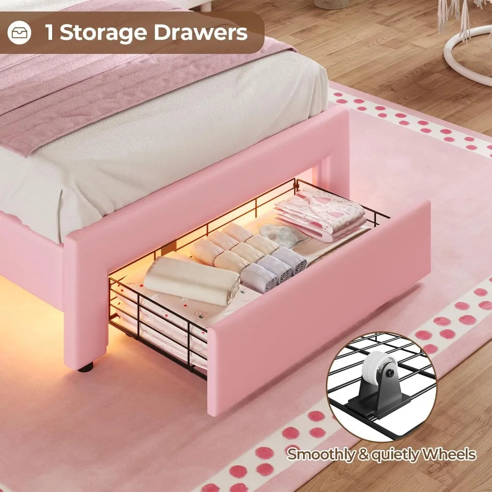 Twin Size Pink Upholstered Bed For Girls With Adjustable Headboard And LED Lights