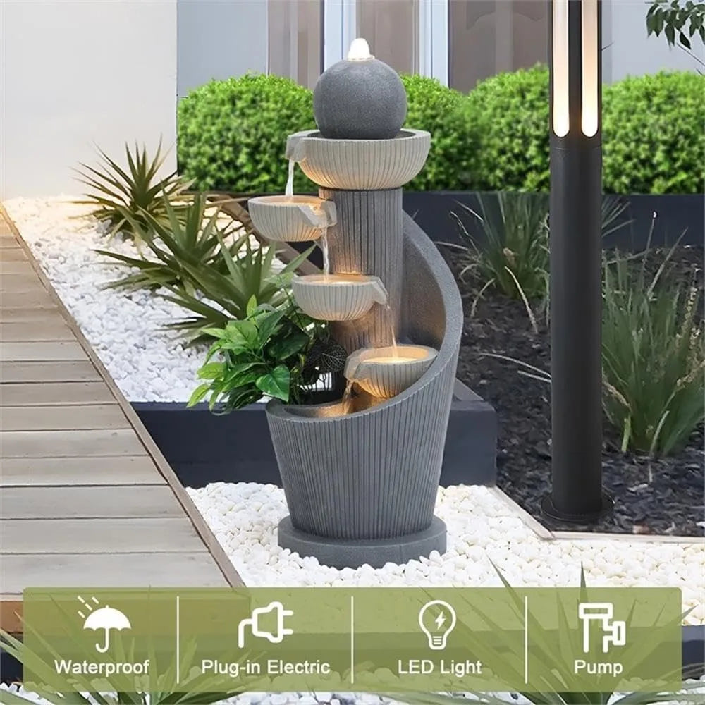 29 Inch Cascading Resin Water Fountain with LED Lights, Modern Indoor Garden Decor, Small Water Feature