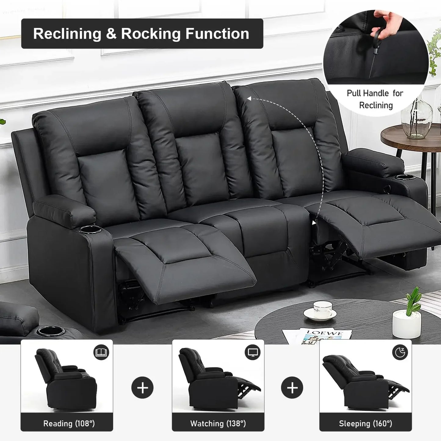 Hot salesRecliner Chair Set, Leather Recliner Living Room Furniture Sets, Recliner Sofa Loveseat (Black,Living Room Set 3+2+1)
