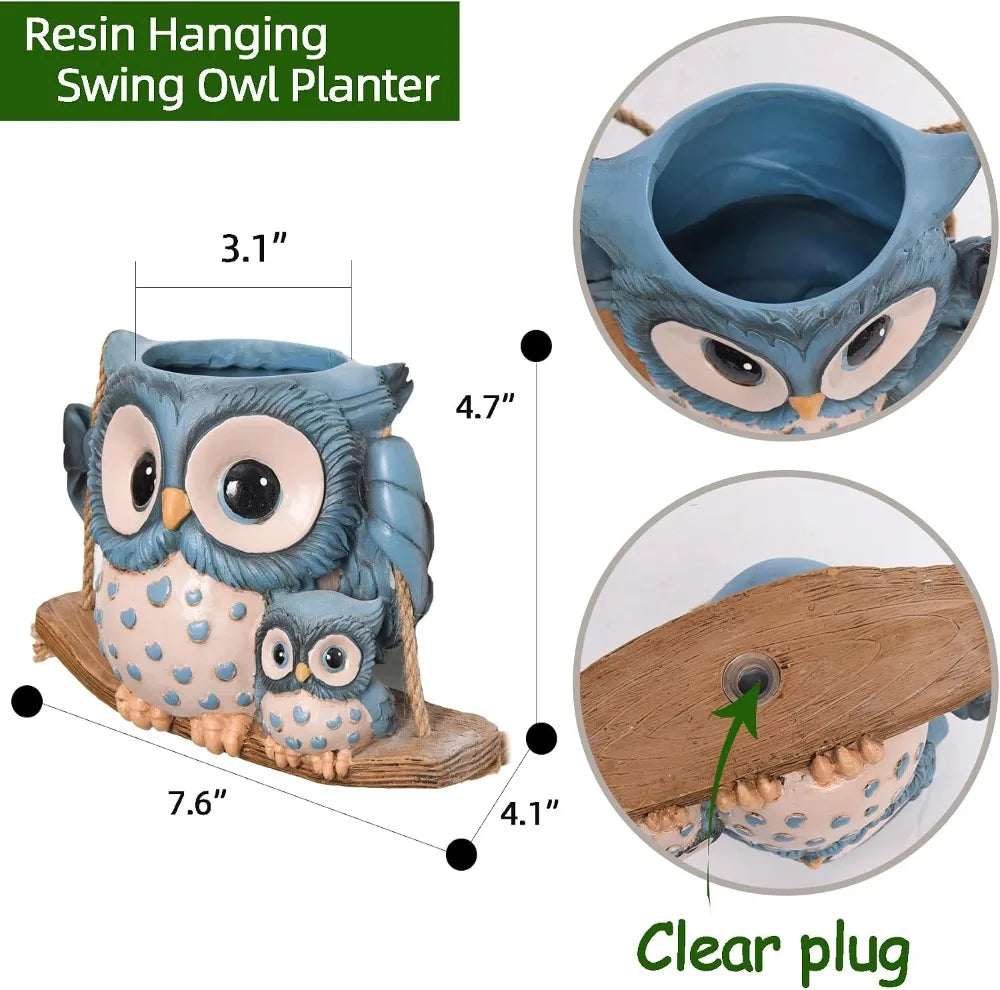 Swing Owl Hanging Planters for Indoor Plants, Cute Succulent Pots with Drainage Hole, Unique Resin Plant Hangers Outdoor, Gift Ideas for Mother