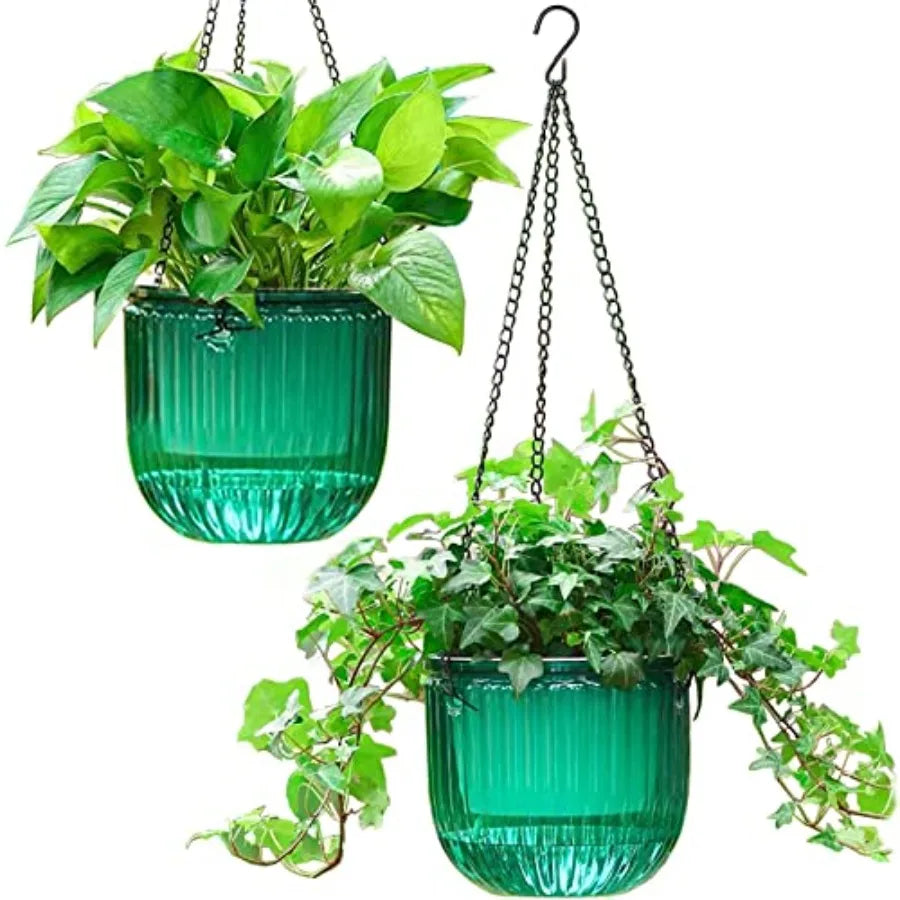 2 Pack Self Watering Hanging Planters 6.5 Inch Transparent PET Pots Emerald