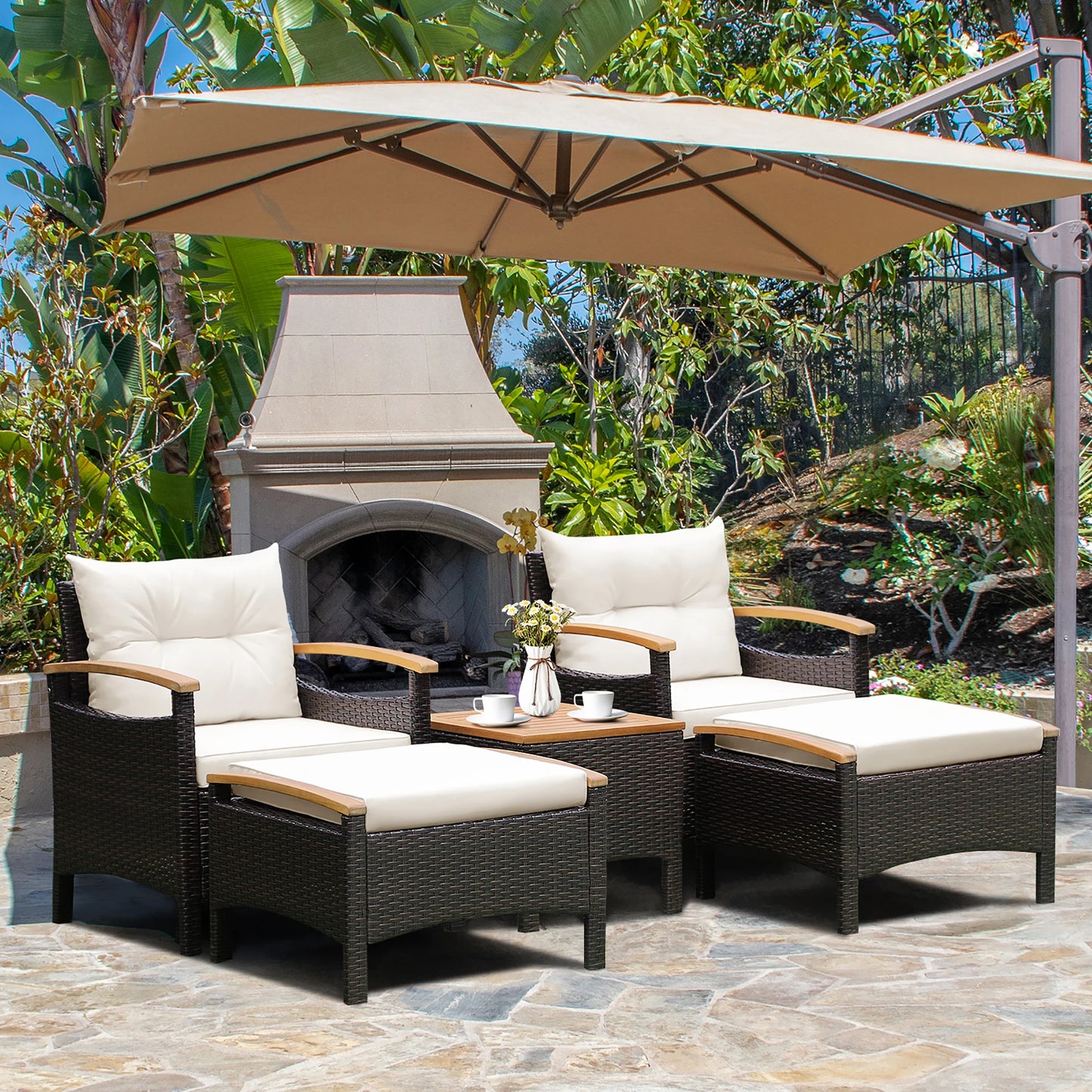 5 Piece Patio Rattan Furniture Set Cushioned Sofa And Ottoman Wood Top Table