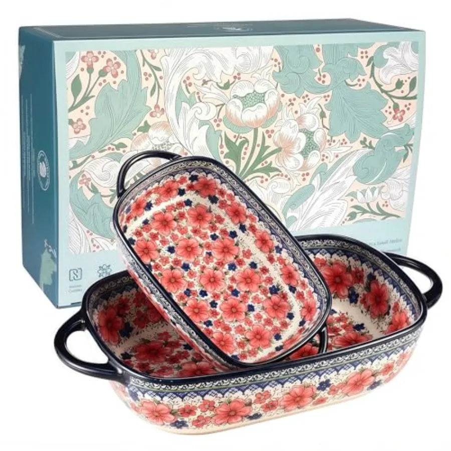 Polish Pottery Style Ceramic Baking Dish Set 2 Piece Floral Casserole Oven Safe
