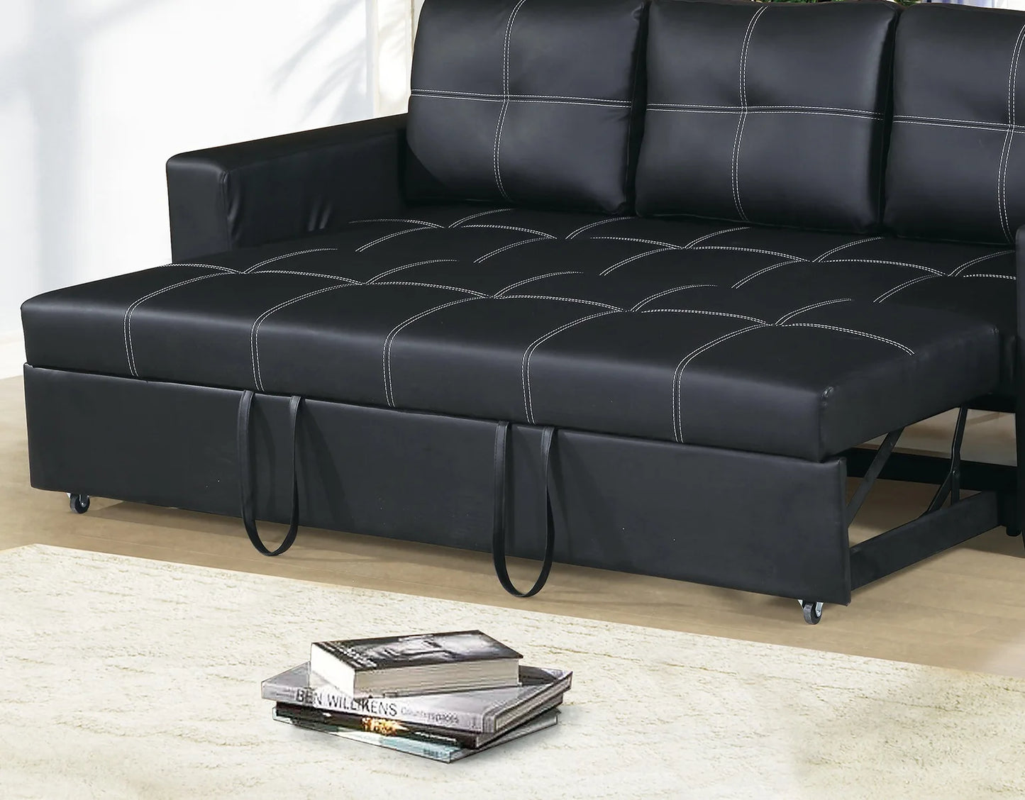 Sectional Sofa Convertible Pull Out Bed Faux Leather Tufted