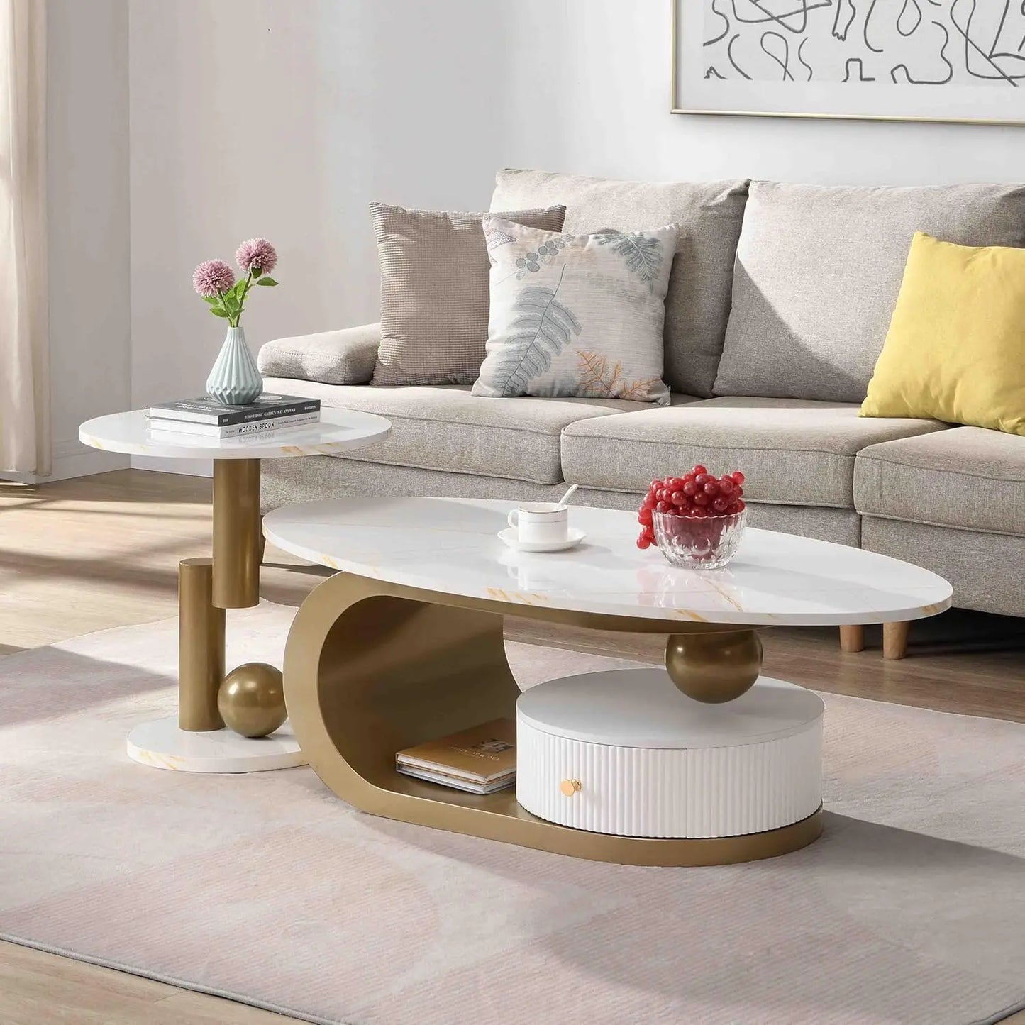 Modern Oval Coffee Table With Stainless Steel Pedestal And Faux Marble Top