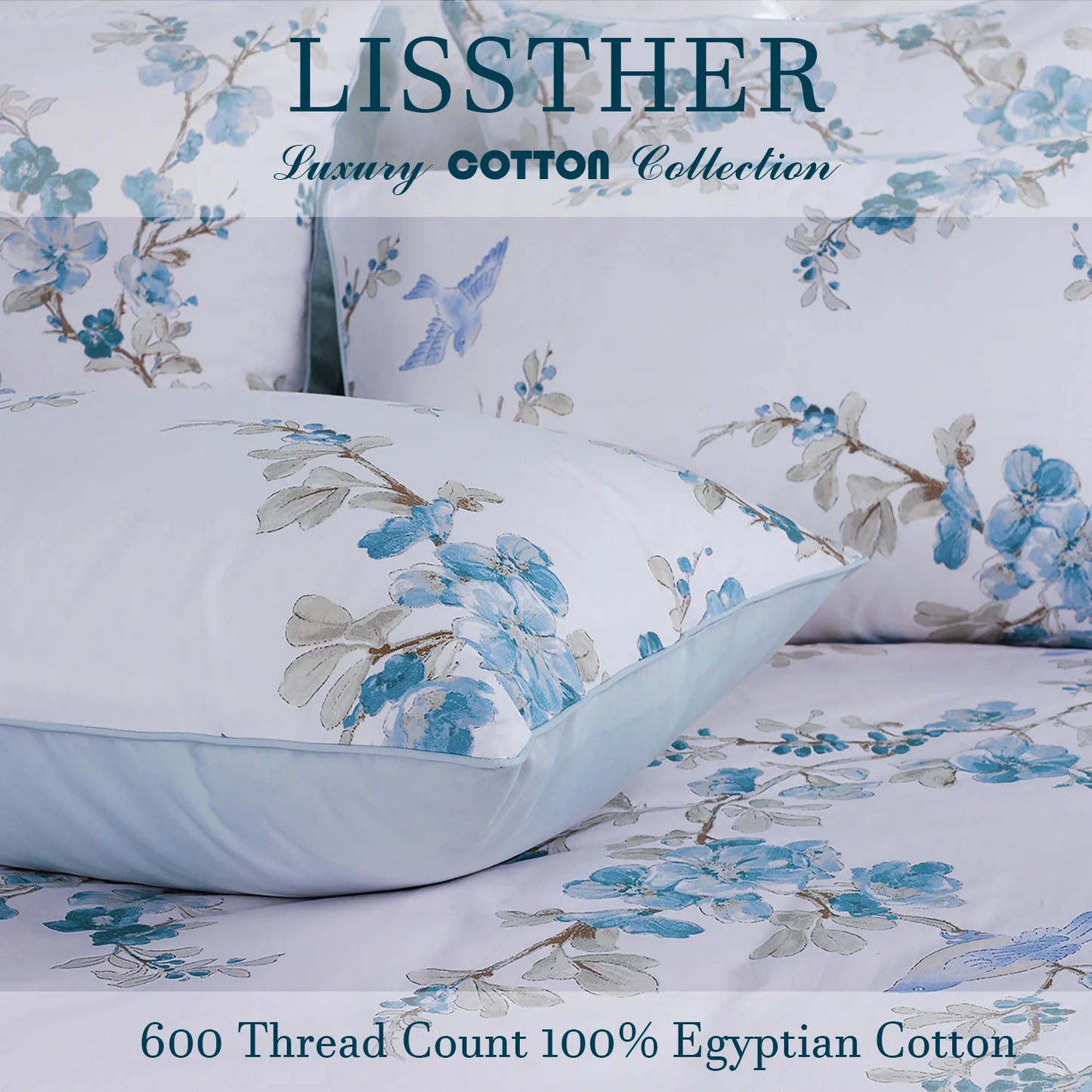 3Pcs 600TC 100 Percent Egyptian Cotton Duvet Cover Set Blue Watercolor Floral