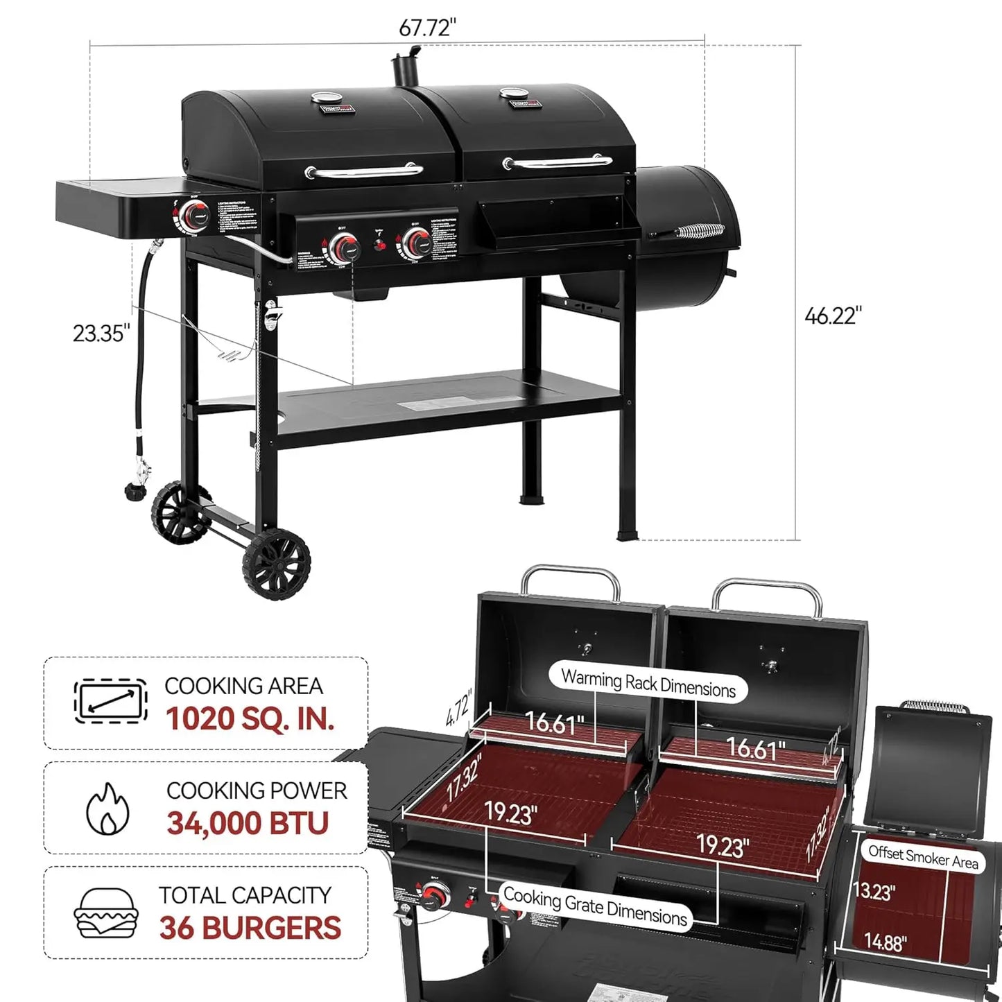 Dual Fuel Charcoal And Gas Grill With Offset Smoker 34000 BTU 1020 Square Inches