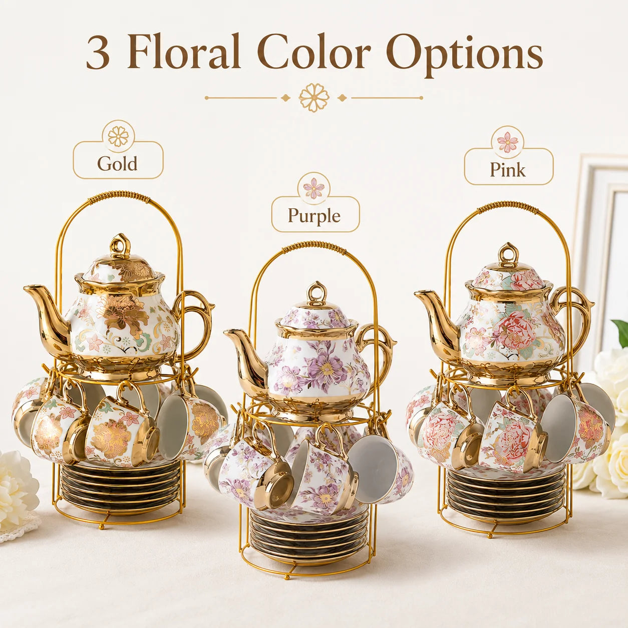 20PCS Ceramic Tea Set with Teapot Espresso Cups Saucers Spoons Display Rack Floral Gold Coffee Service Gift for Wedding Home