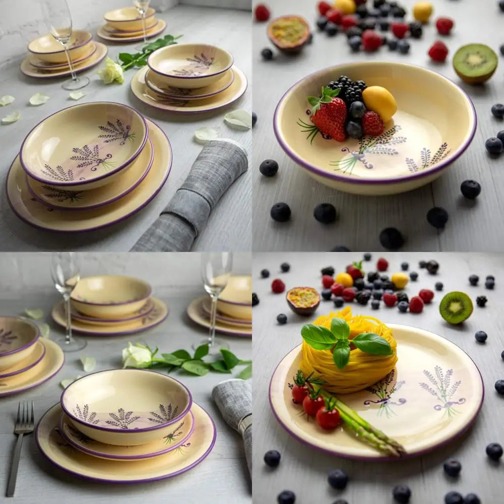 Purple And Cream Handmade Lavender Floral 12 Piece Ceramic Dinnerware Set For 4