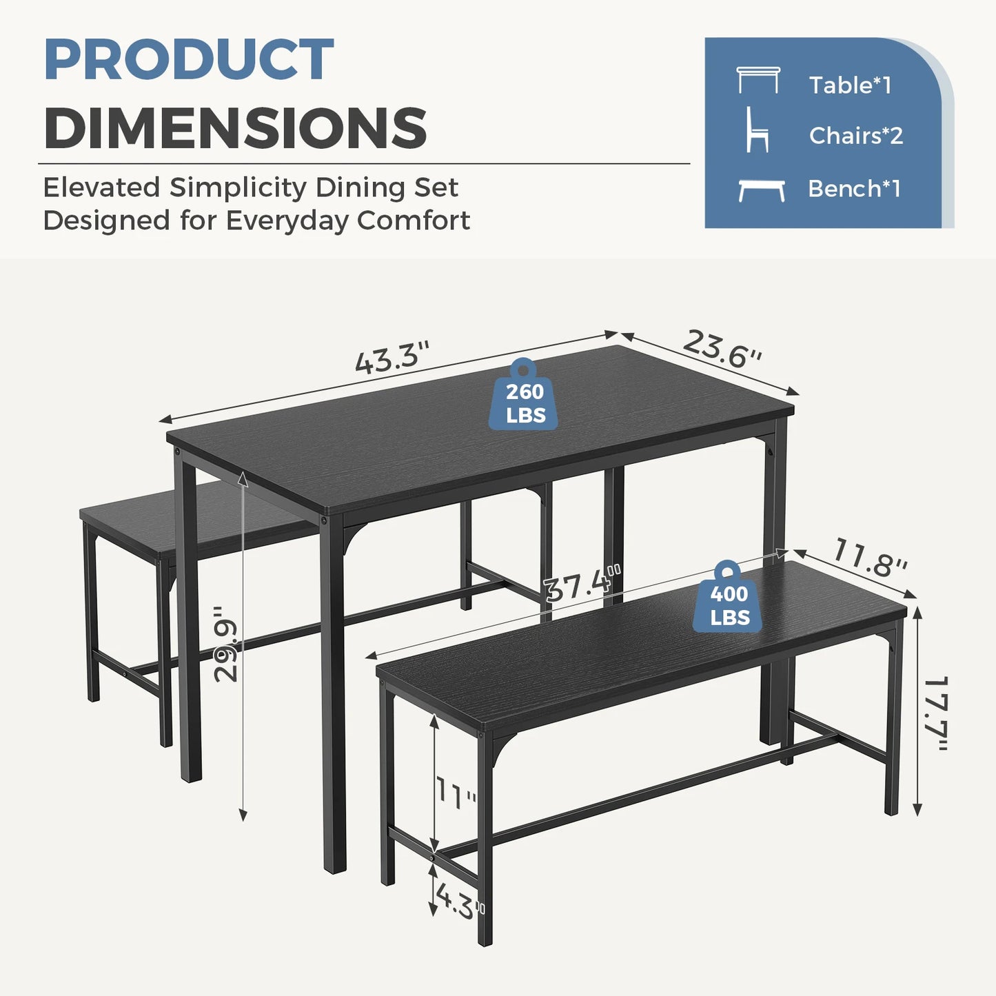 JHK 3Pcs Table And Chair Set Wooden Desktop Metal Frame Space Saving 4 People