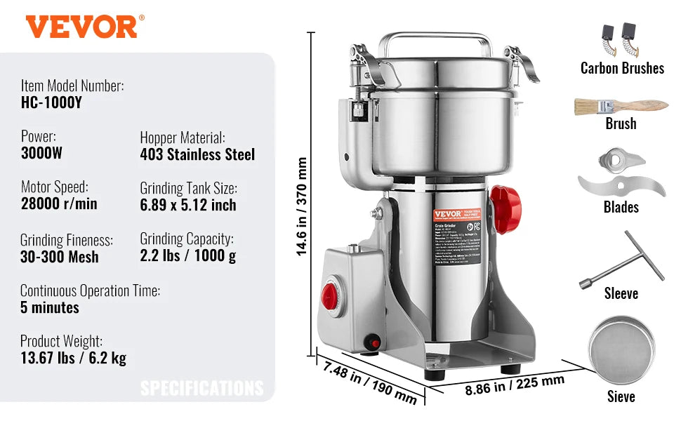 SucceBuy 150-2500g Electric Grain Mill Grinder Commercial Swing Spice Grinders for Dry Herbs Grains Spices Cereals Coffee Corn