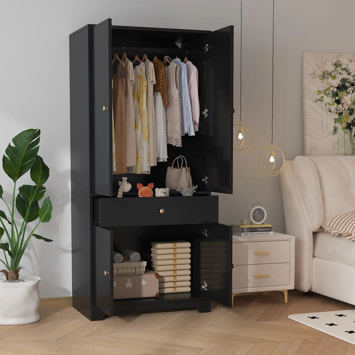 71 Inch Wooden Armoire Wardrobe With Four Doors One Drawer And Shelves
