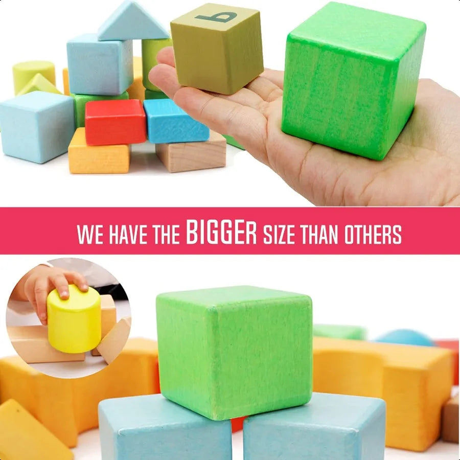 Large Wooden Building Blocks Set Educational Preschool Learning Toys with Carrying Bag Toddler Blocks Toys for 3+ Year Old Boy