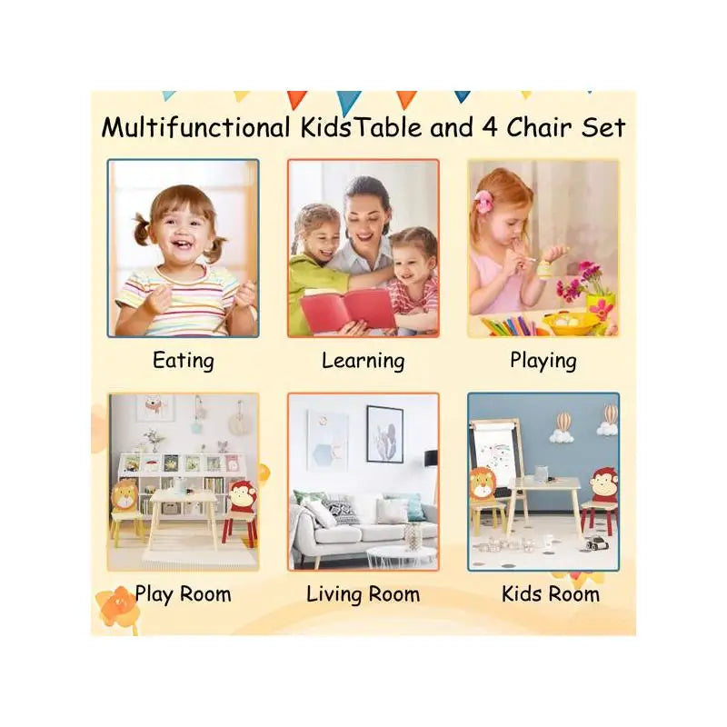 3-Piece Kids Table and Chairs Set, Wooden Play Activity Furniture for Toddlers (Lion & Monkey Design)