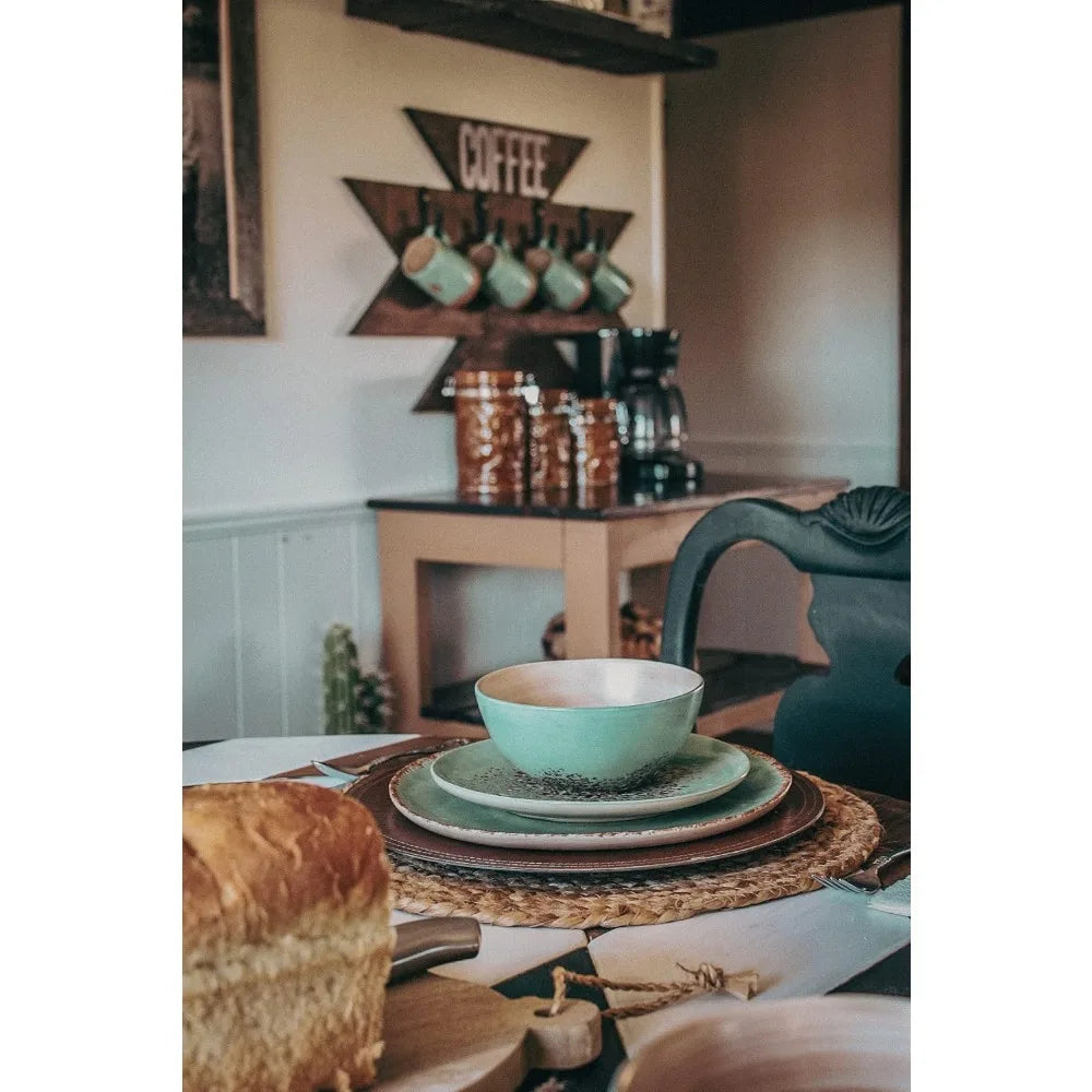 Patina Turquoise Ceramic Southwestern Dinnerware Set With Plates Bowls Mugs