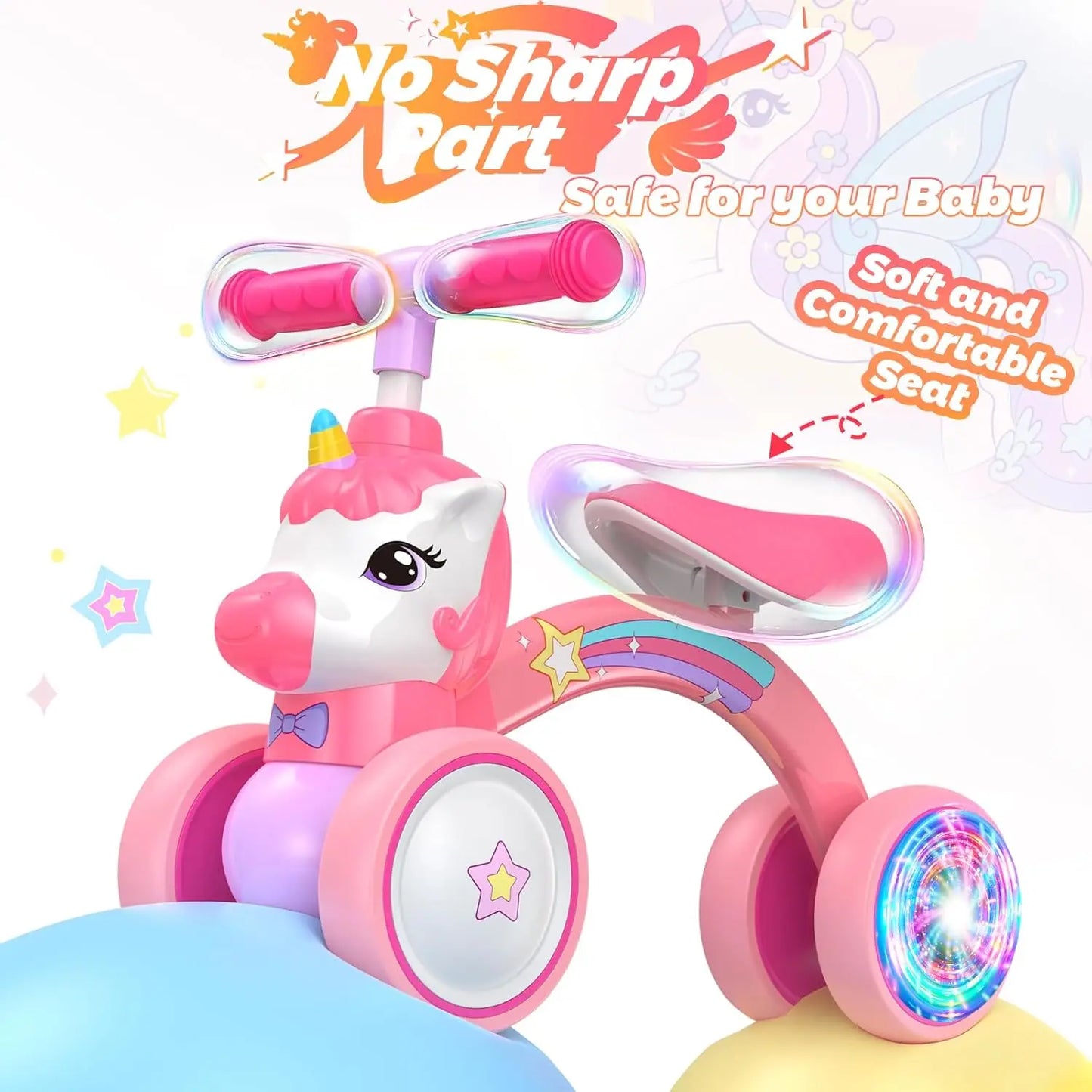 Unicorn Toddler Balance Bike No Pedal With Light Up Wheels For Girls