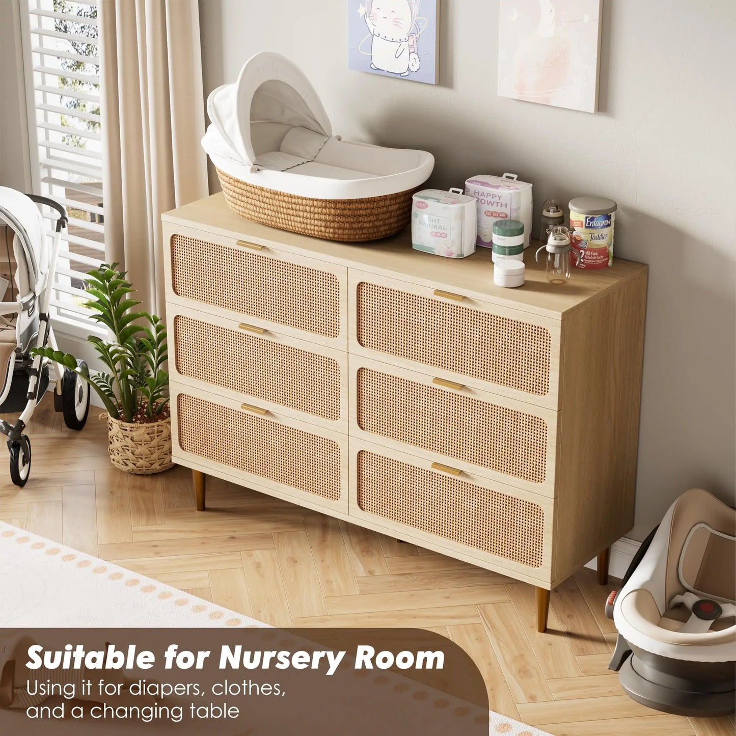 6 Drawer Rattan Dresser Natural Handwoven Rattan Wood For Bedroom Living Room