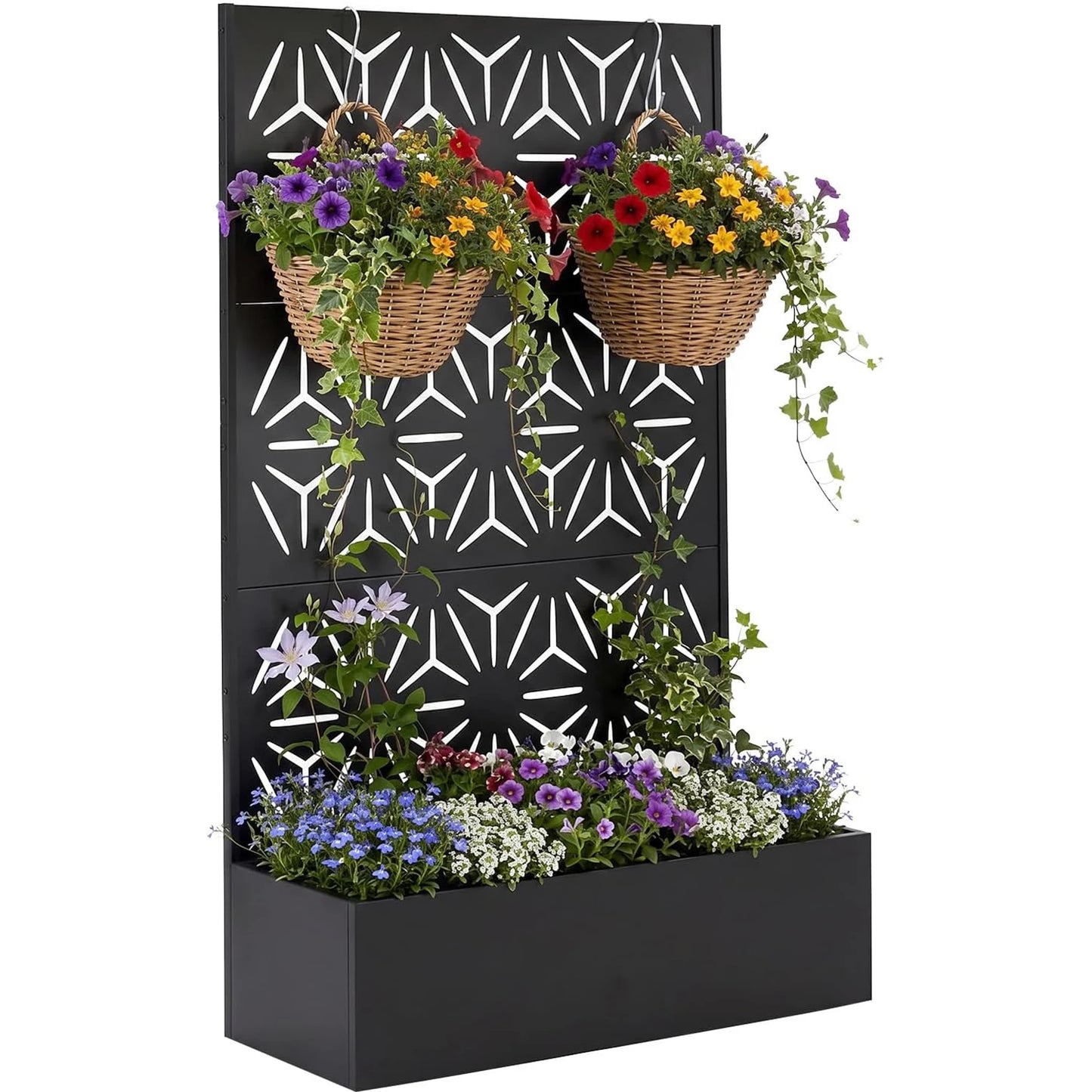 71'' Metal Raised Planter Box With Trellis, Outdoor Garden Bed With Privacy Screen, Drainage Holes For Climbing Plants Vegetables