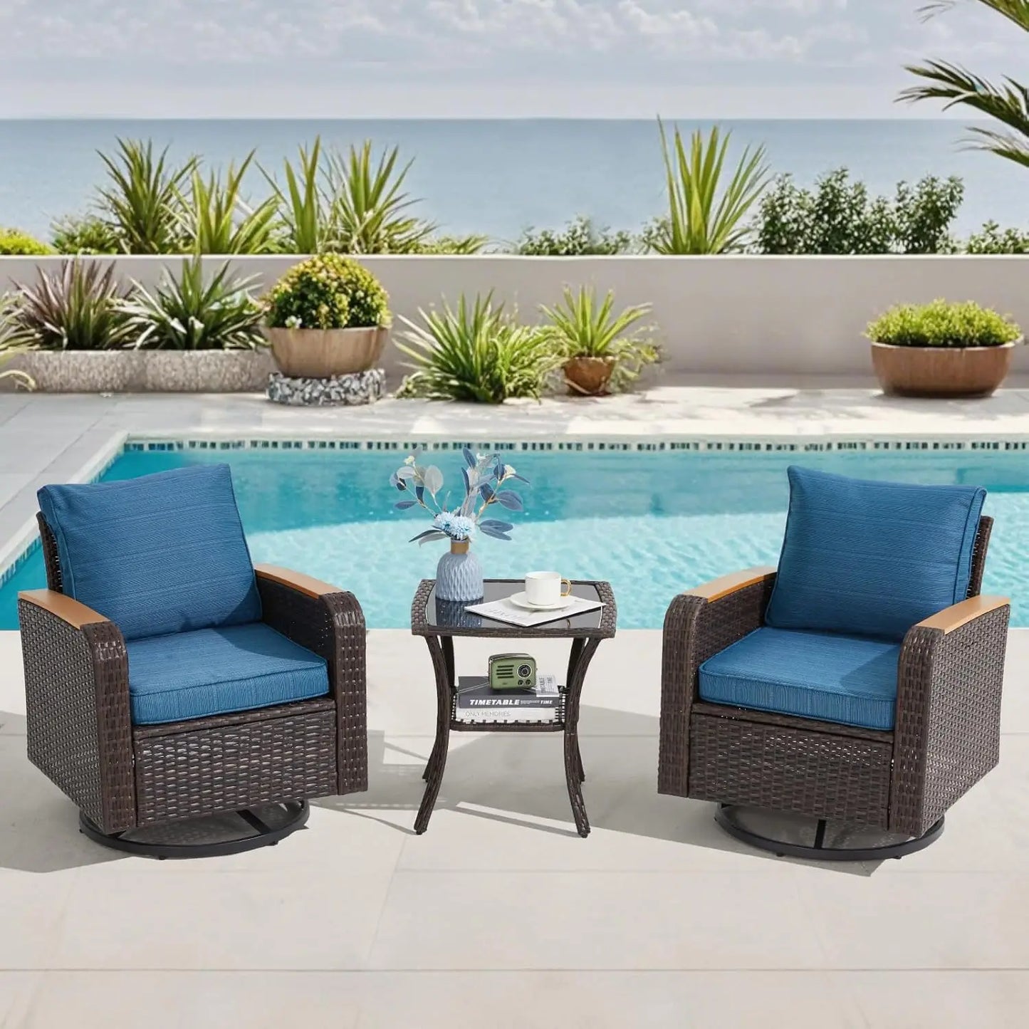 3 Piece Outdoor Wicker Patio Set With Swivel Chairs And Side Table Grey