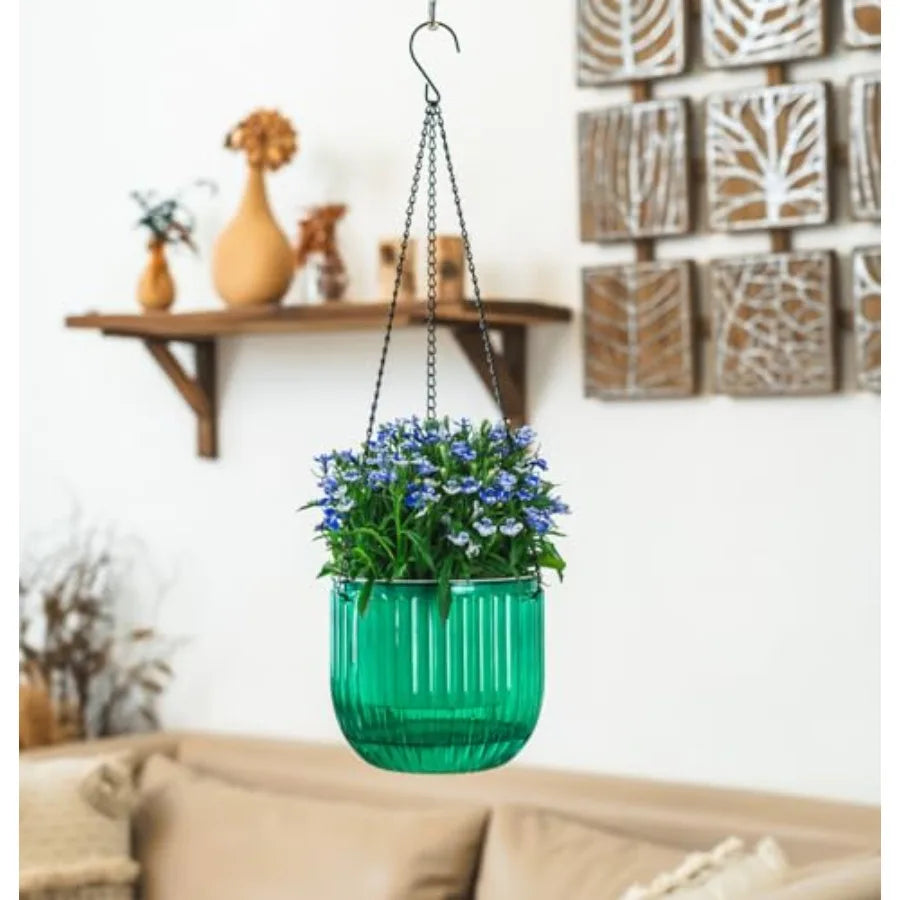 2 Pack Self Watering Hanging Planters 6.5 Inch Transparent PET Pots Emerald