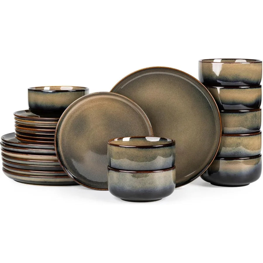 Ceramic Dinnerware Set For 8, 24 Pieces With Reactive Glaze Plates And Bowls