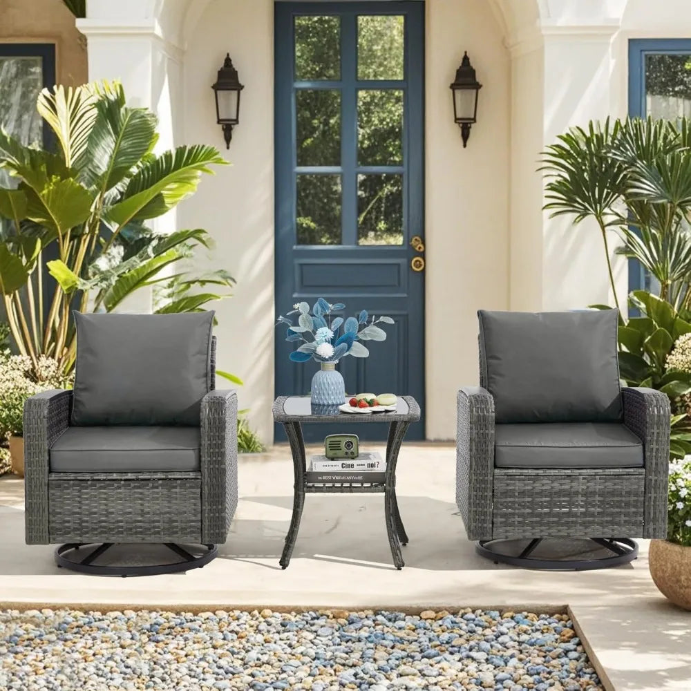 3 Piece Outdoor Wicker Patio Set With Swivel Chairs And Side Table Grey