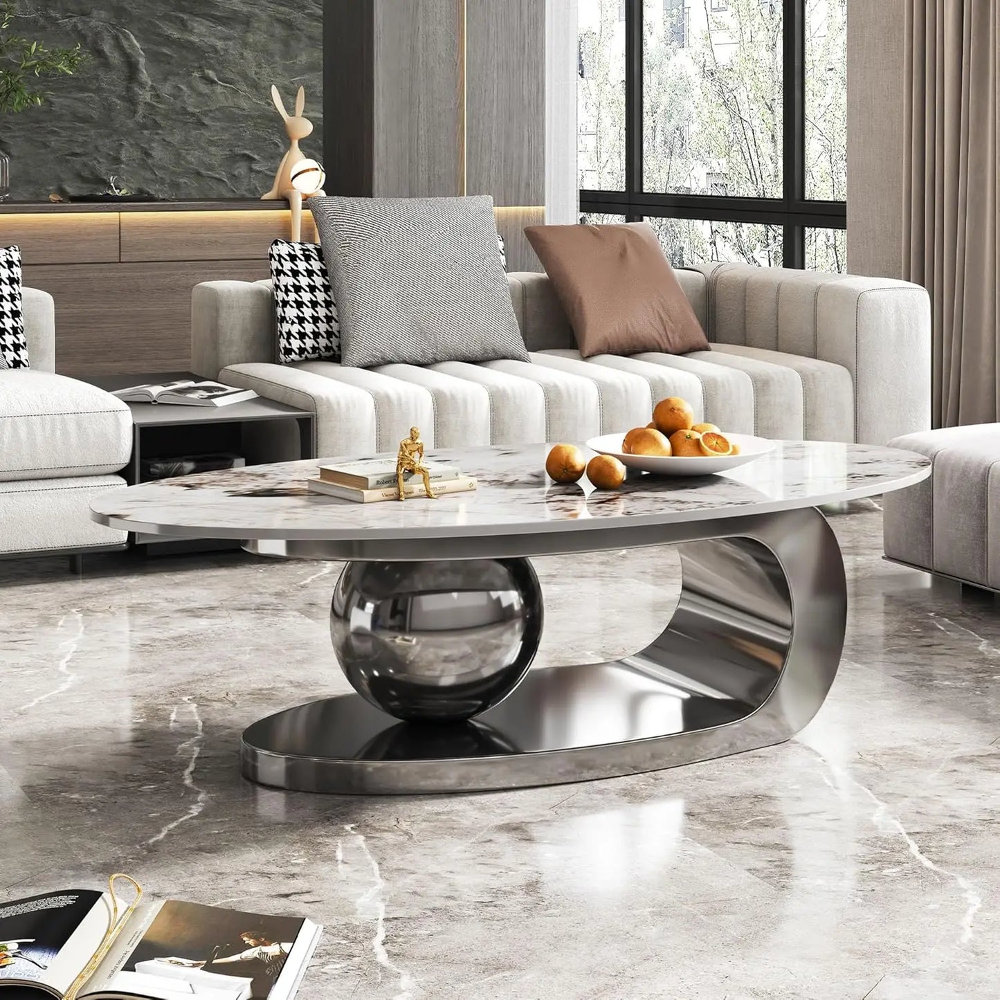 Modern Oval Coffee Table With Stainless Steel Pedestal And Faux Marble Top