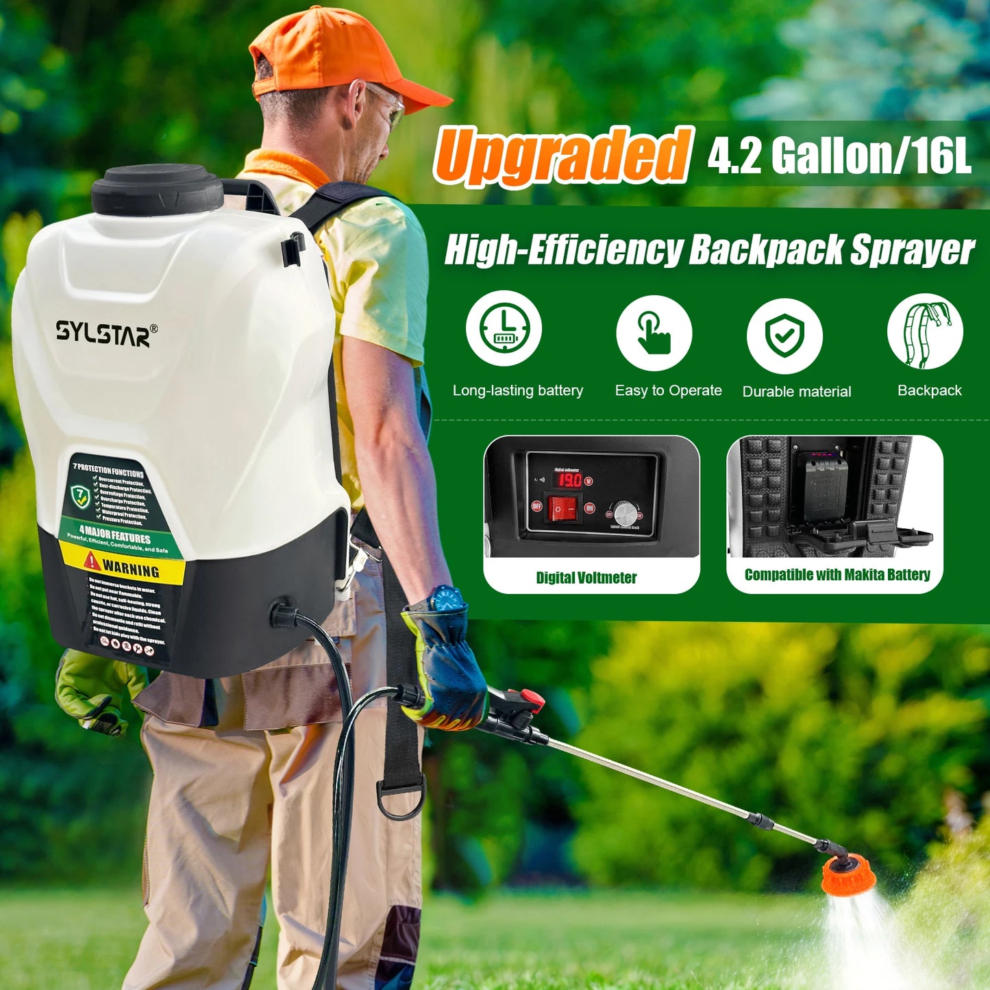 16L Garden Electric Sprayer Backpack Sprayer 100 PSI Telescopic Wand 5 Nozzles