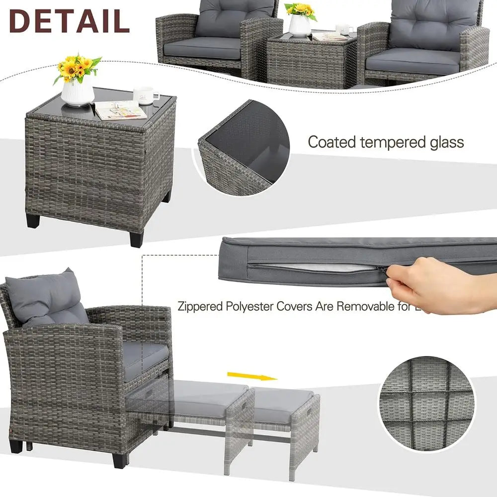 Compact Outdoor Patio Furniture Set: 2 PE Wicker Chairs, Ottomans, Cushions & Glass Table for Balcony (Light Grey)
