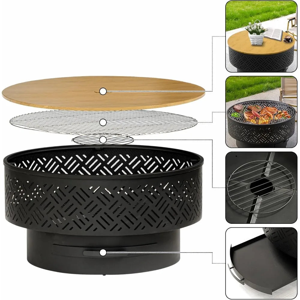 Outdoor Wood Burning Fire Pit With Grill Lid And Fire Poker