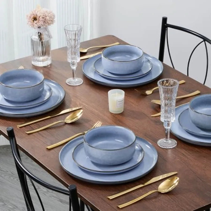 12-Piece Reactive Glaze Dinnerware Set For Four Plates And Bowls Microwave Safe