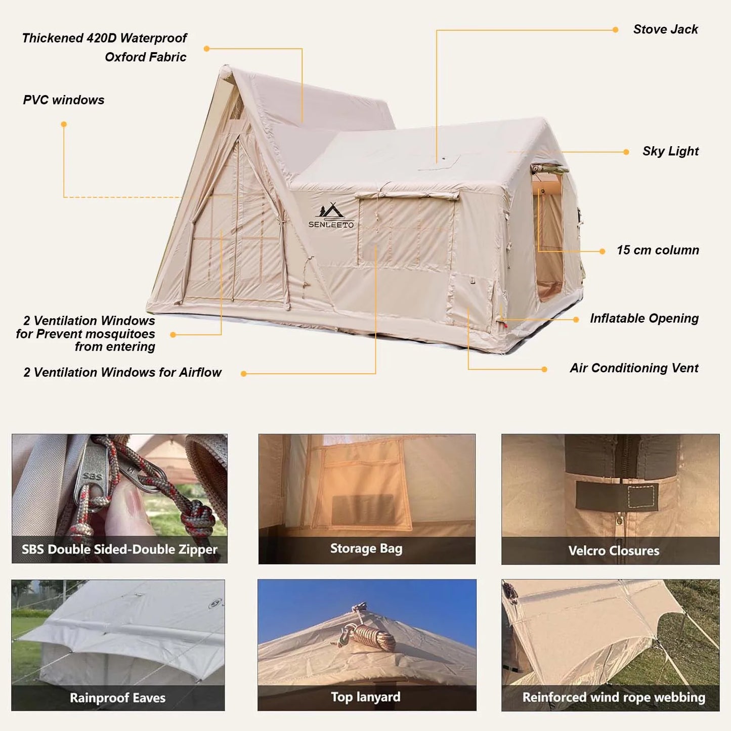 6-8 Person 4 Season Inflatable Camping Tent With Rainfly And Stove Jack