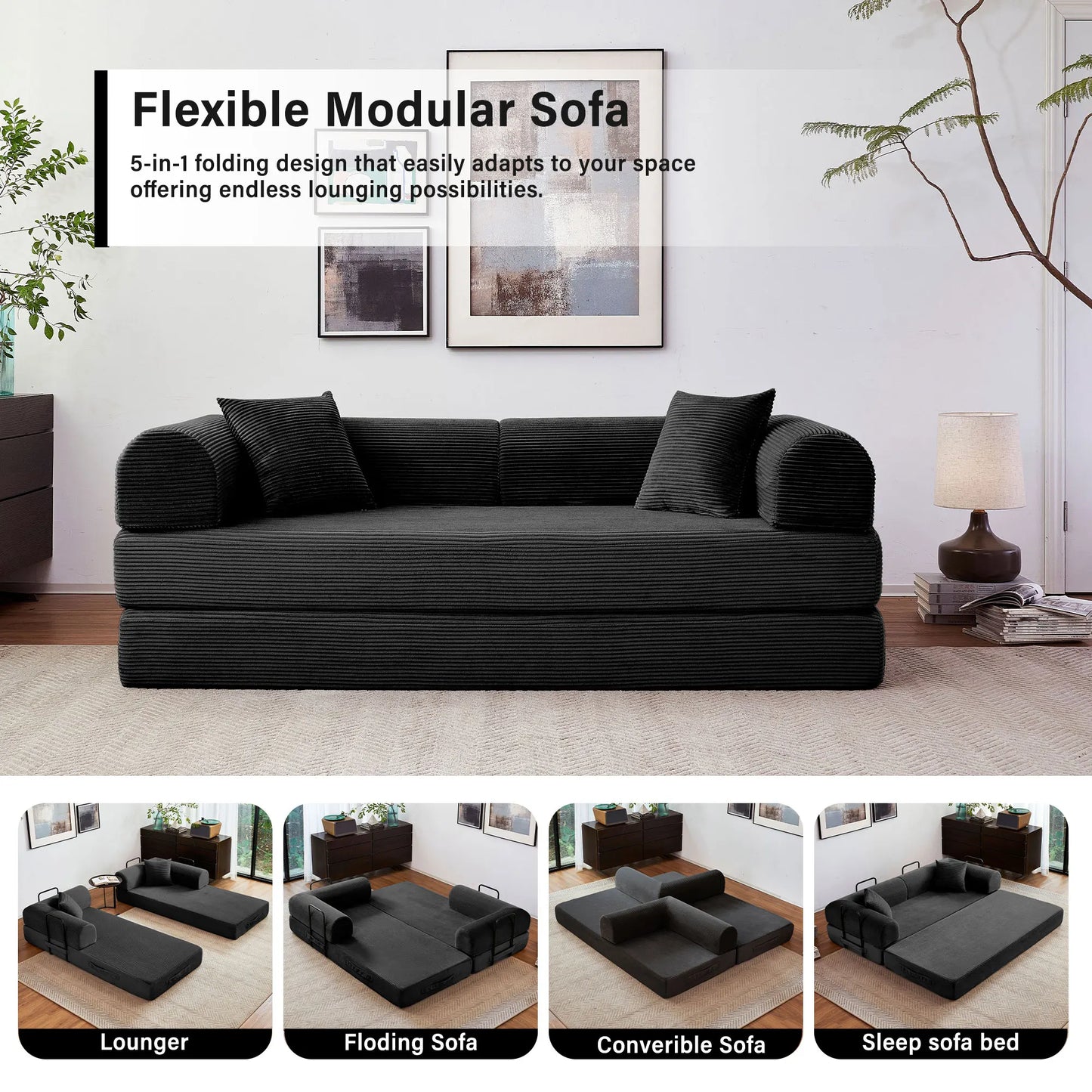 79 Inch Foldable Convertible Futon Sofa Bed With L Shaped Armrests